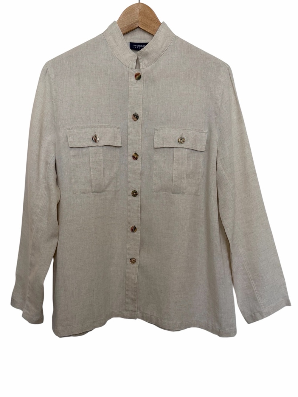 Liz Claiborne Shirt Shacket Womens M Beige Linen Button Long Slv Pocket Relaxed
